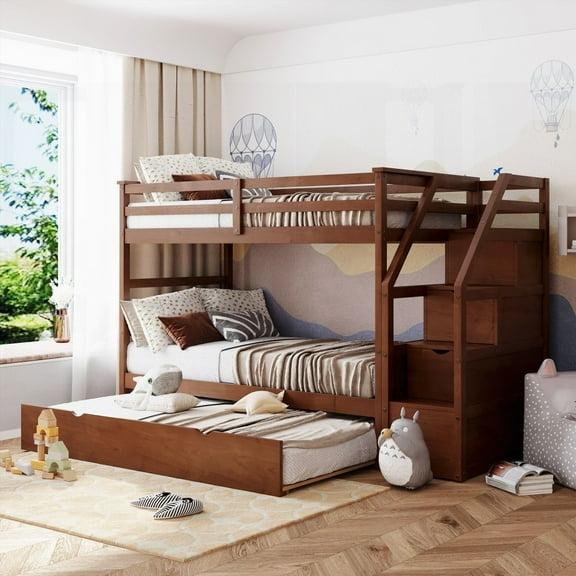 Walnut Twin-Over-Twin Bunk Bed with Trundle & 3 Storage Stairs