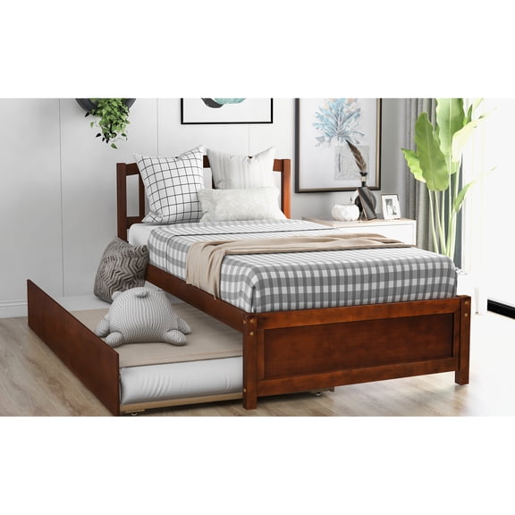Walnut Twin Platform Bed With Telescopic Trundle - Solid Wood For Adjustable Space Utilization Movable Convenience