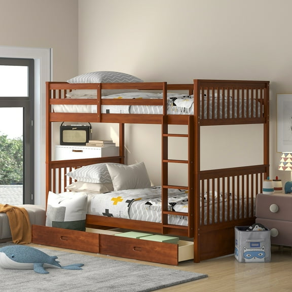 Walnut Twintwin Bunk Bed With Ladders And Drawers - Stylish Functional Bedroom Essential For Any Home Two Storage Areas Strong Furniture