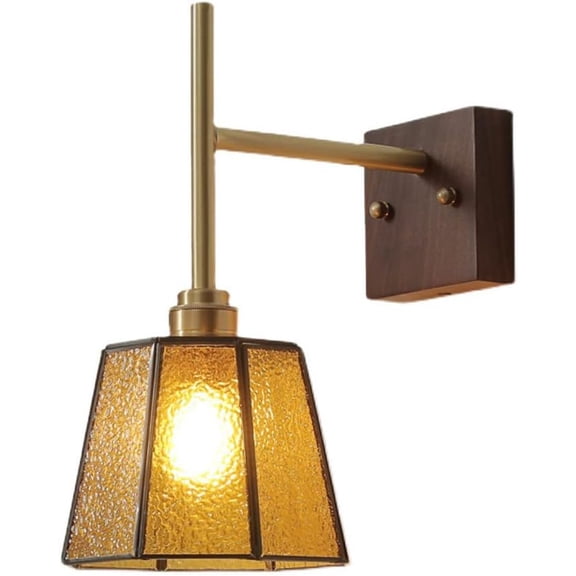 Walnut Vintage Wall Sconce Copper Wall Lamp Antique Walnut Wall Mount Light, Hammered Glass Wall Sconces Lighting Fixture for Living Room Bedroom Bedside Hallway