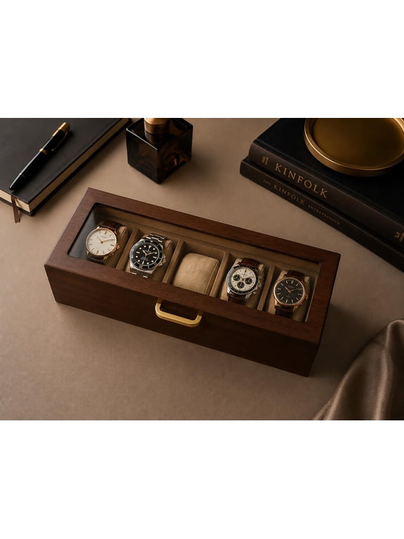 Walnut Watch Box with Glass Top Lid, 5 Slot Watch Display Case, Brass Handle