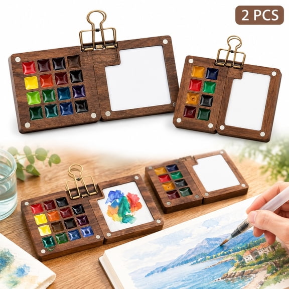 Walnut Watercolor Palette Box 2 Pack, 15 Grid and 8 Grid Wooden Paint Tray with Binder Clip for Travel Sketching
