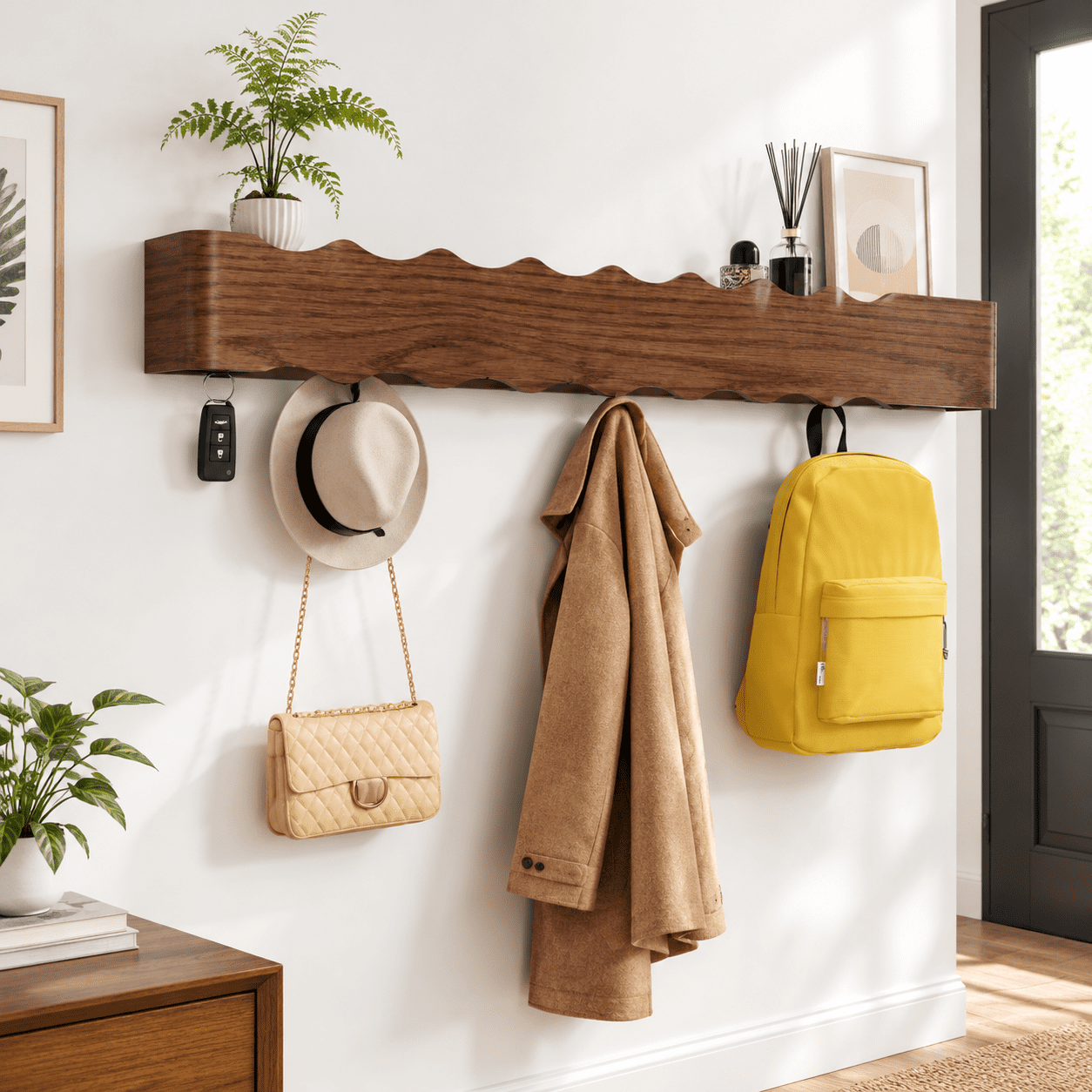 Wall Moount Rack Walnut Wave-Shape 8 Hooks Modern Wooden Wall Mounted Coat Rack Entryway ...