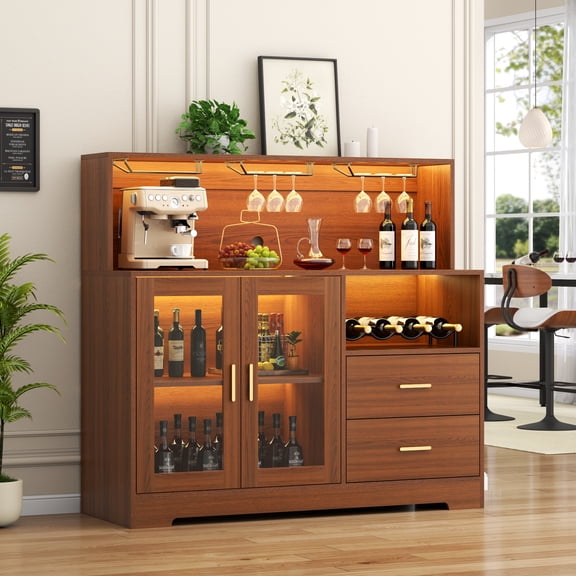 Walnut Wine Cabinet with LED Light, Home Coffee & Liquor Storage Buffet with Wine Rack, Glass Rack, Drawers & Microwave Stand, Modern Cabinet for Living Room, Kitchen or Dining Room