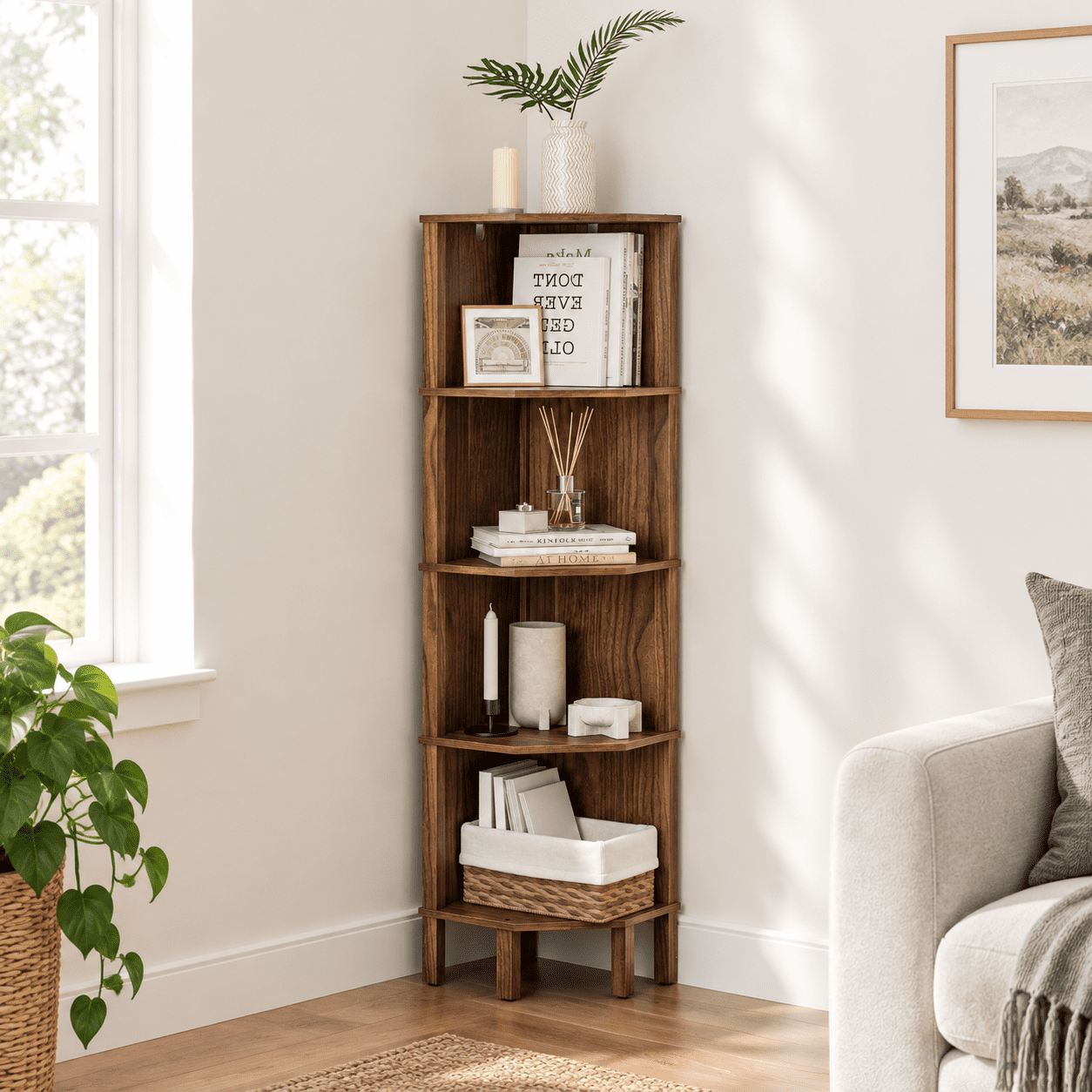 Walnut Without Light 5 Tier Corner Bookcase Storage Stand For Living ...