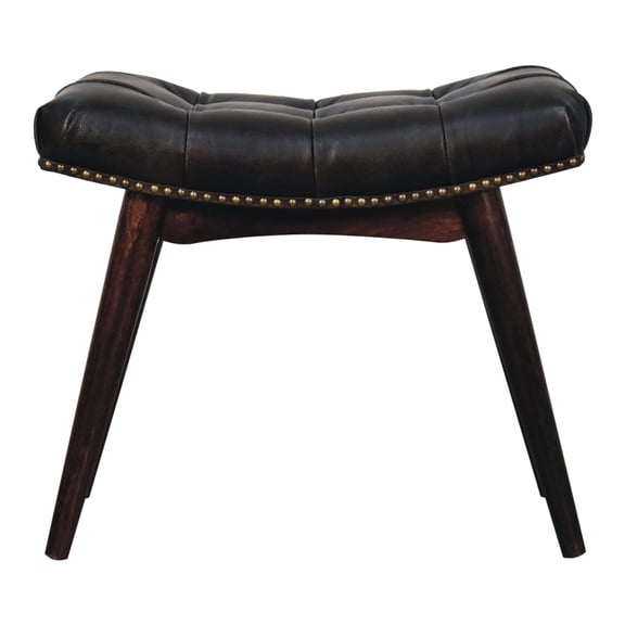 Walnut Wood Bench - Mango Construction, Black Buffalo Leather Seat With Captivating Deep Button In Solid Frame, Upholstery Elegant Design