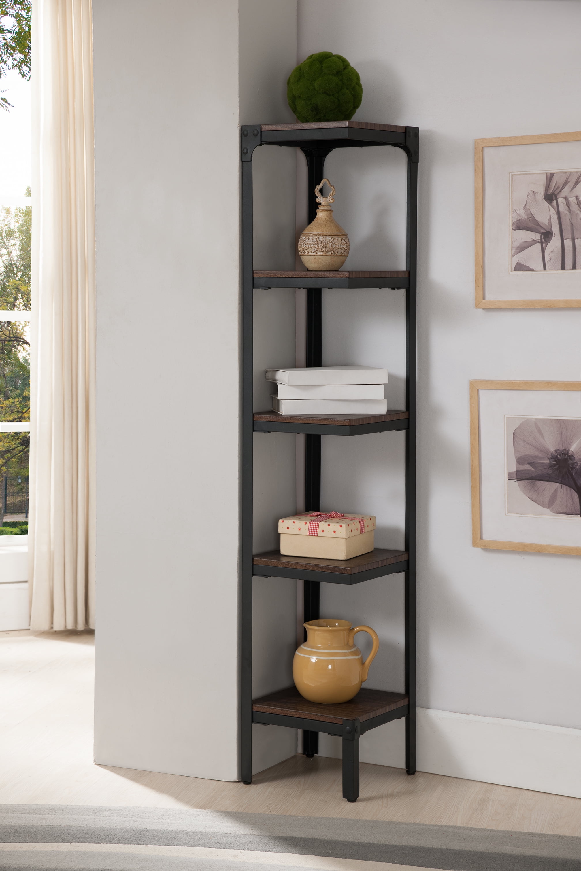 Walnut Wood & Black Metal Frame Contemporary 5 Tier Shelf Corner ...