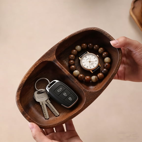 Walnut Wood Boat Double Divided Bowl, Multi-Use Storage for Snacks Fruits Keys Watches, Entryway Bathroom Decor Soap Dish