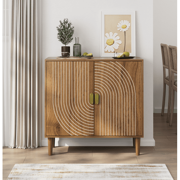 Walnut Wood Buffet Cabinet with Line Groove Design,Sideboard Buffet Cabinet With Storage,Multifunctional Accent Cabinet for Living Room,Entryway,Hallway,Office,Kitchen