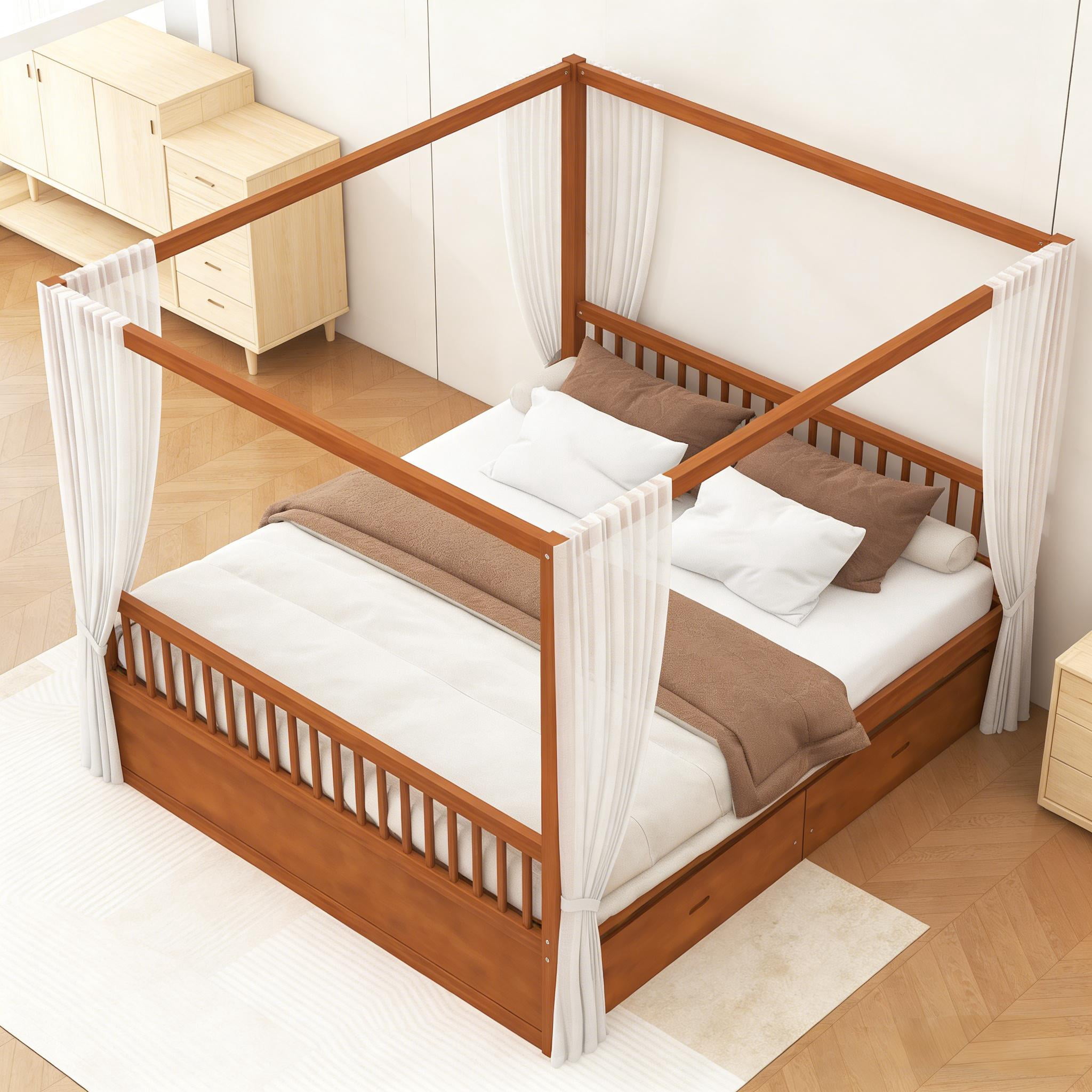 Walnut Wood Canopy Bed - King Size with Storage Drawers | Elegant Bedroom Frame