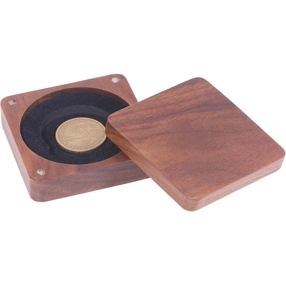 Walnut Wood Challenge Badge Display Box Single Badge Display Case Commemorative Badges Medals Silver Dollar Badges Storage Box Internal Black 2.8x2.8x0.98inch Saddle Brown Saddle Brown