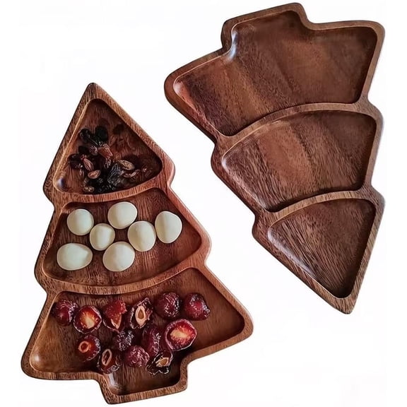 Walnut Wood Christmas Tree Plate Wooden Grid Snack Serving Tray | Dried Fruit Plate, Breakfast Plate, Creative Design, New Chinese Style, Multi-Use Platter