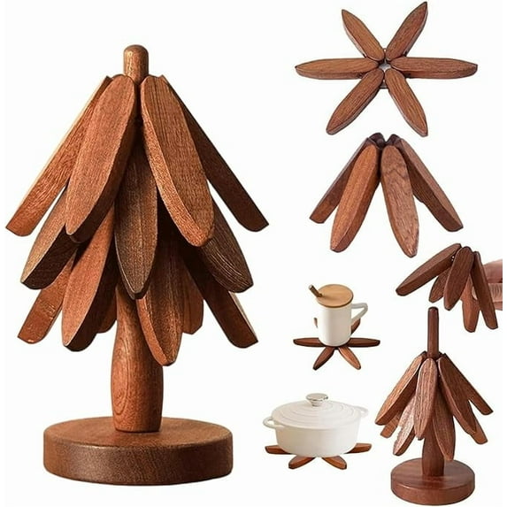 Wooden Trivets for Hot Dishes, Tree Shape Trivet Set, 3 Walnut Wood + 1 Stand stored Like a Christmas Tree,Foldable Kitchen Wooden Trivet,for Hot Dishes、Pot、Bowl、Teapot、Hot Pot Holder