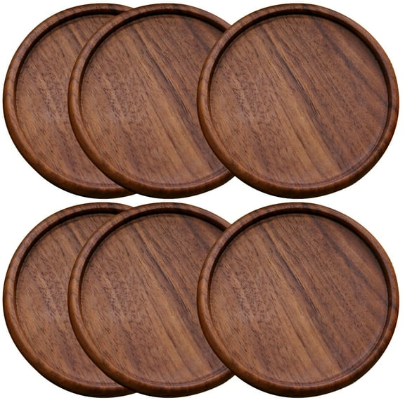 Walnut Wood Coasters Set of 6, Round Drink Coasters with Deep Groove Design, Dark Brown Wooden Cup Holders, quality Table Protection for Hot and Cold Beverages