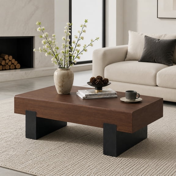 Walnut Wood Coffee Table with Storage Modern Small Coffee Table for Living Room Rectangle Farmhouse Center Table Thick Tabletop