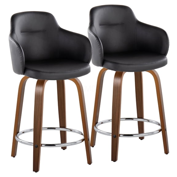 Walnut Wood Counter Stool Set of 2 with Black Faux Leather Seat and Chrome Footrest