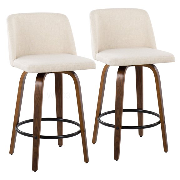 Walnut Wood Counter Stools with Cream Upholstery, Set of 2 for Kitchen Island