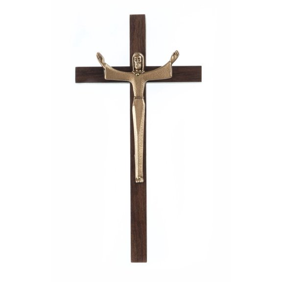 Walnut Wood Cross Crucifix with Gold Toned Pewter Risen Christ Corpus, 7 Inch