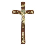 Walnut Wood Crucifix with Gold Tone Celtic Plaque Adornments and Stones, 12 Inch