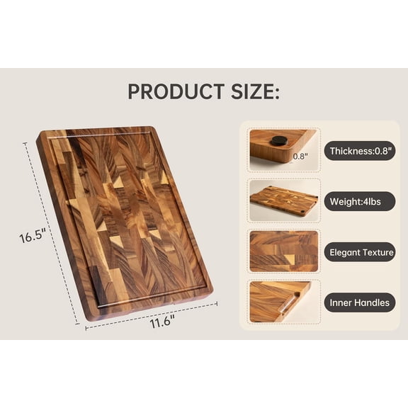 Walnut Wood Cutting Board End Grain Wooden Cutting Boards for Kitchen Chopping Block with Deep Juice Groove, Inners Handles, Gift Box, 16.5"x11.6"x0.8"