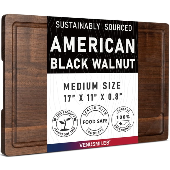 Walnut Wood Cutting Board for Kitchen with Juice Groove & Side Handles, 17L x 11W x 0.8H, Handcrafted North American Black Walnut Edge Grain, Medium Chopping Board, Reversible Butcher Block