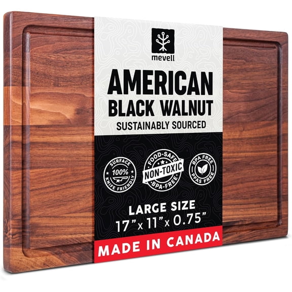 Walnut Wood Cutting Board for Kitchen, Reversible Wooden Cutting Board With Juice Grooves - Chopping Board, Charcuterie Serving Tray Made in Canada (Walnut, 17x11x0.75)
