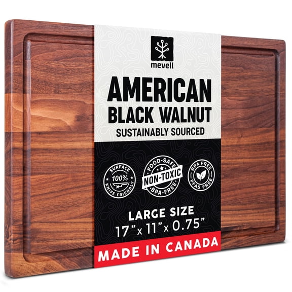 Walnut Wood Cutting Board for Kitchen, Reversible Wooden Cutting Board With Juice Grooves - Chopping Board, Charcuterie Serving Tray Made in Canada (Walnut, 17x11x0.75)