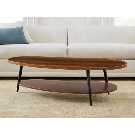 Walnut Wood D47.2'' Oval Walnut Wood Coffee Table With Lower Shelf, 47.2