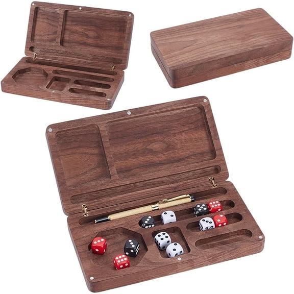 Walnut Wood Dice Box Rectangle Dice Tray and Storage Brown Dice Holder Box with Phone Tablet Stand Lock Secures Lid Portable Dice Rolling Tray