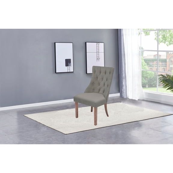 Walnut Wood Dining Chairs with Gray Linen Fabric and Tufted Seats (Set of 2)