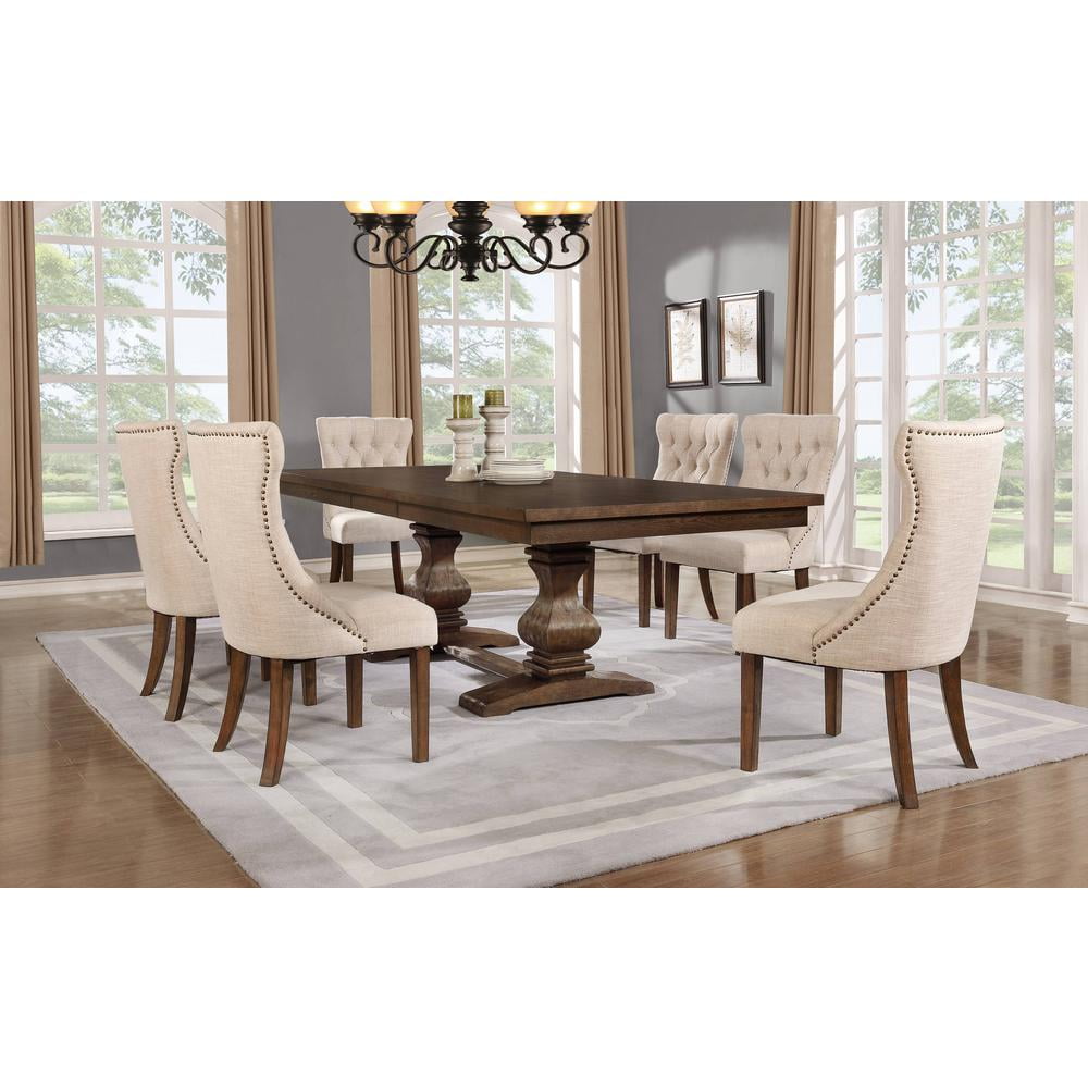 Walnut Wood Extendable Dining Table Set with Beige Linen Chairs