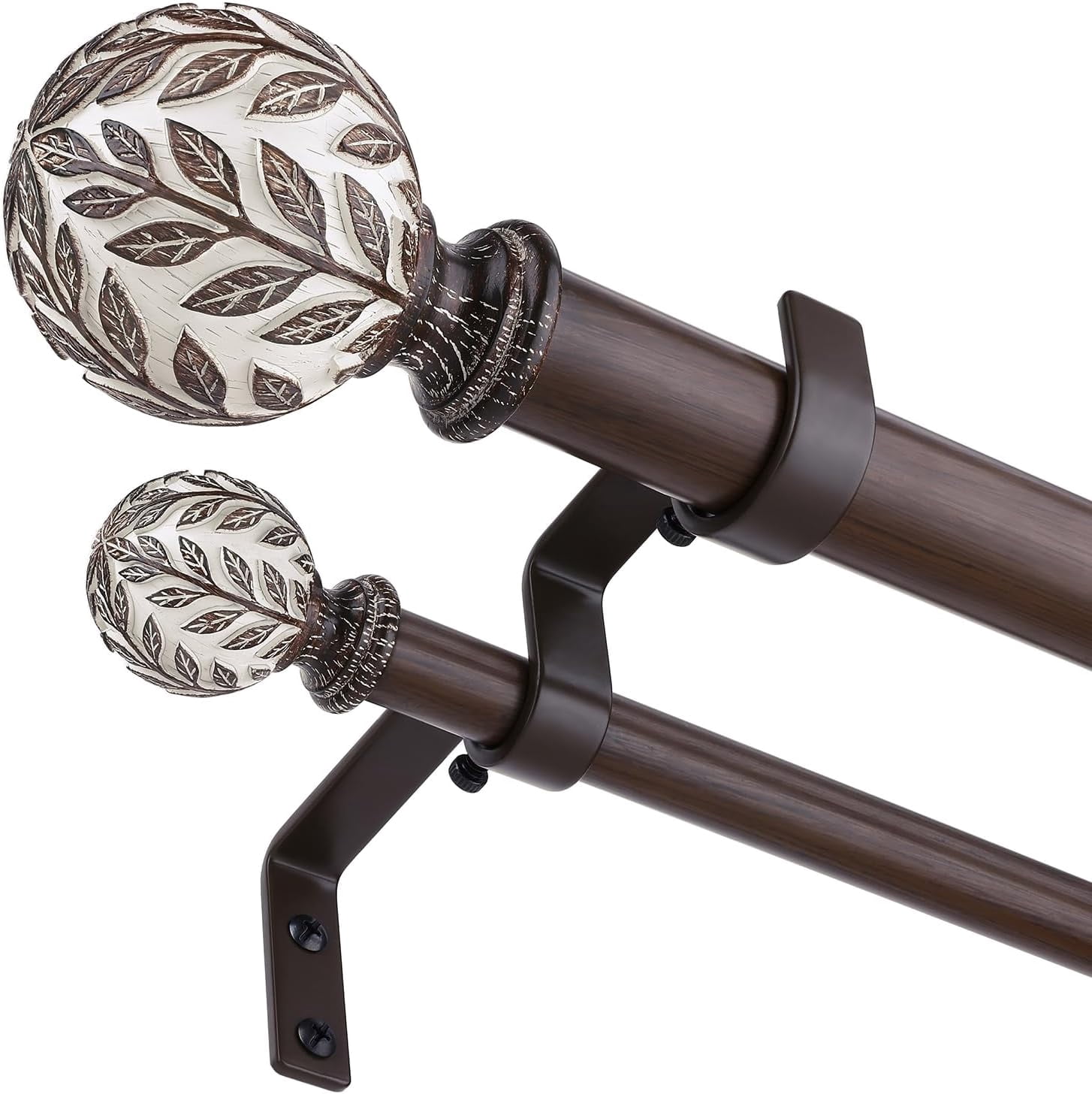 Walnut Wood Double Curtain Rod 36-184 Inch, Boho Decorative Extra Long Dual Curtain Rods for Windows, 1 Inch Adjustable Heavy Duty Double Rod with Handmade Imitation Wood Grain Leaf Finials