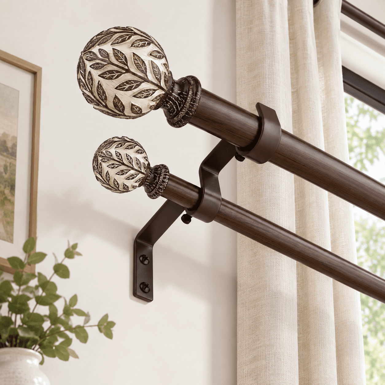 Walnut Wood Double Curtain Rod Set, 36
