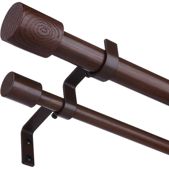 Walnut Wood Double Curtain Rods, Adjustable 66 to 120 Inches, 1 Inch Heavy Duty Dual Rod with Faux Wood Grain Finials, Boho Farmhouse Style