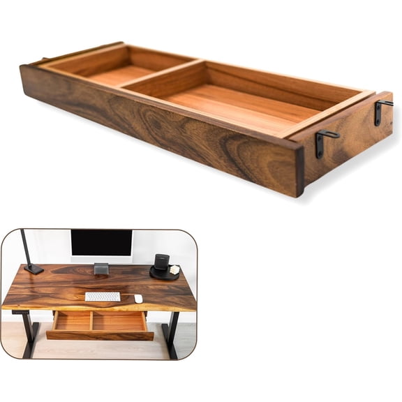 Walnut Wood Drawer - Heavy-Duty Desk Storage Attachment with Premium Hardware - Computer & Standing Desk Accessory - Fits Most Desks