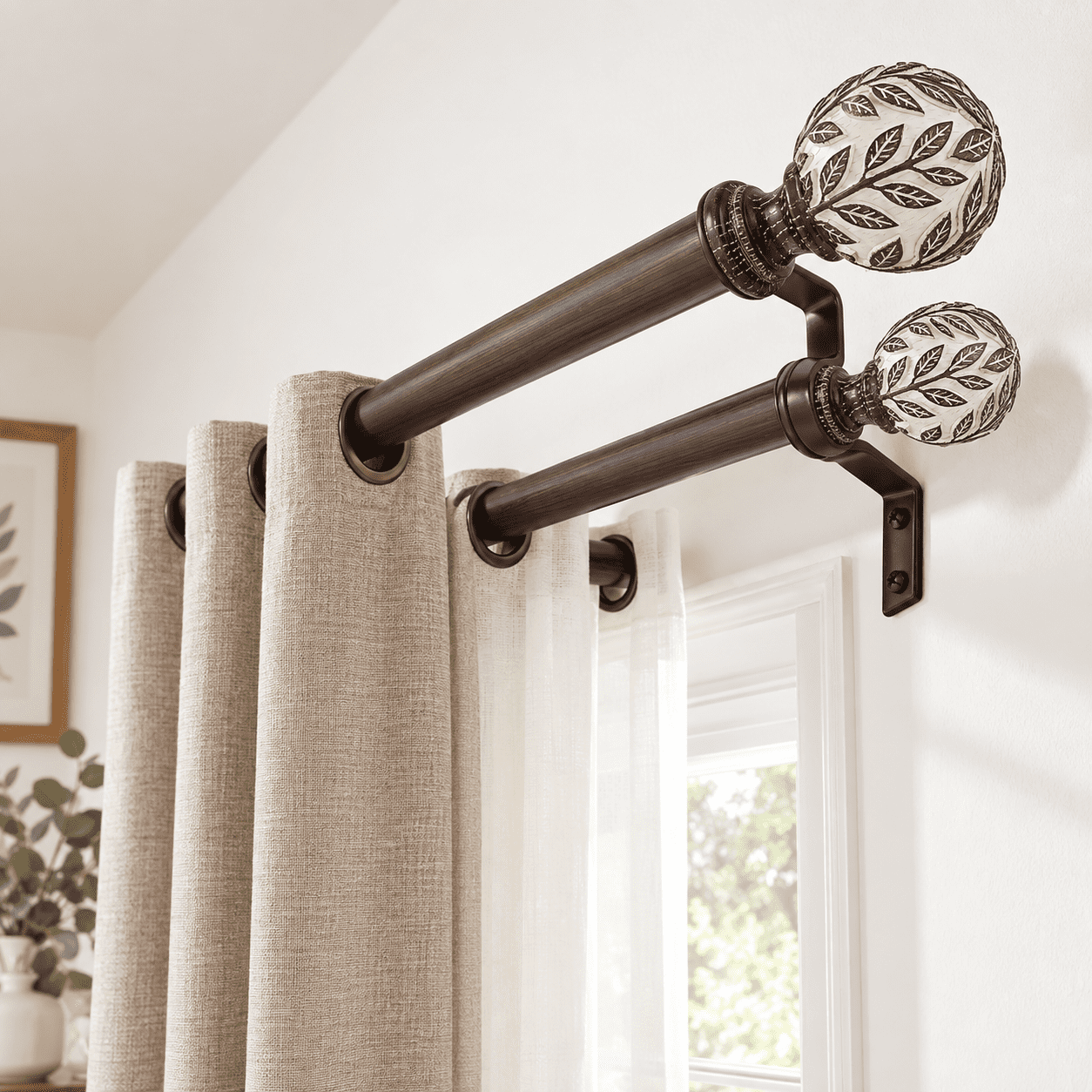 Walnut Wood Dual Curtain Rod Set, 36