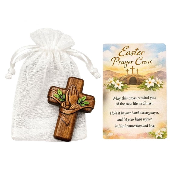 Walnut Wood Easter Prayer Cross With Carved Praying Hands And Leaves For Religious Devotion And Gift
