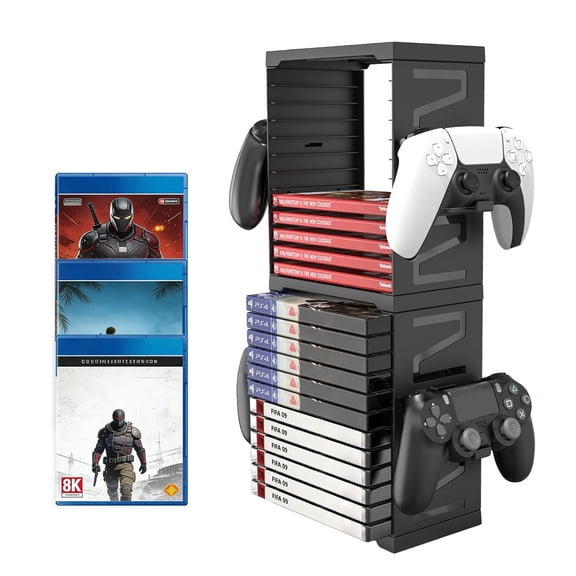 Walnut Wood Game Storage Tower - 20 Games Video Game Organizer & Holder, Universal Video Game Storage Tower with 4 Controller Hooks, Compatible with PS5/PS4/Xbox/Switch - Gamer Gifts