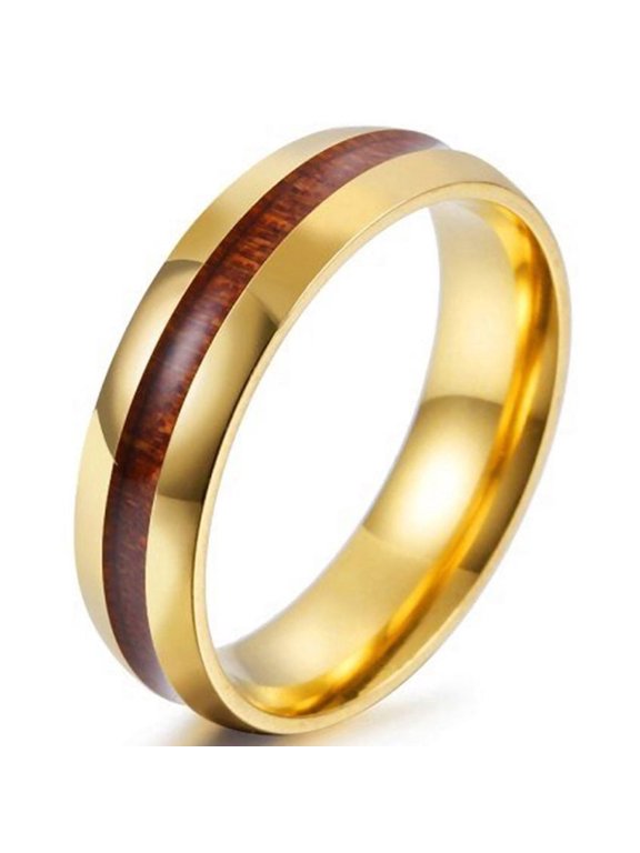 Walnut Wood Inlay Ring Gold Stainless Steel Anniversary Wedding Band Unisex Fantasy Forge Jewelry