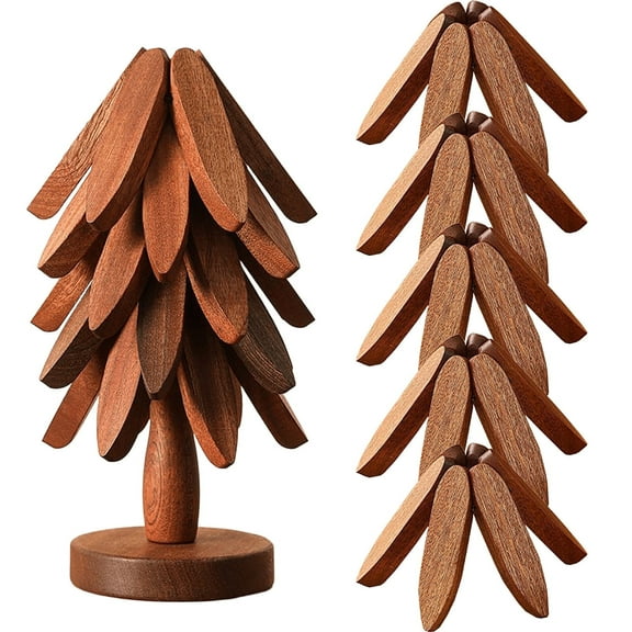 Walnut Wood Insulation Pad Set, Natural Wooden Trivet Set - 3/4/5 Wooden Trivets & 1 Stand Like a Christmas, Foldable Kitchen Wooden,for Hotdishes Pot Bowl Teapot Hot Pot Holder