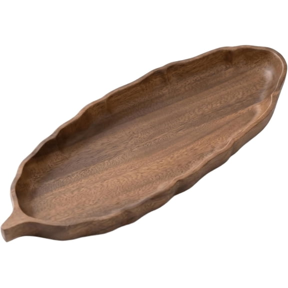 Walnut Wood Leaf Serving Tray 13  Long Wooden Snack Platter for Appetizers, Sushi, Bread & Dessert  Handcrafted Solid South American Walnut Decorative Tray for Coffee Table, Kitchen & Dining