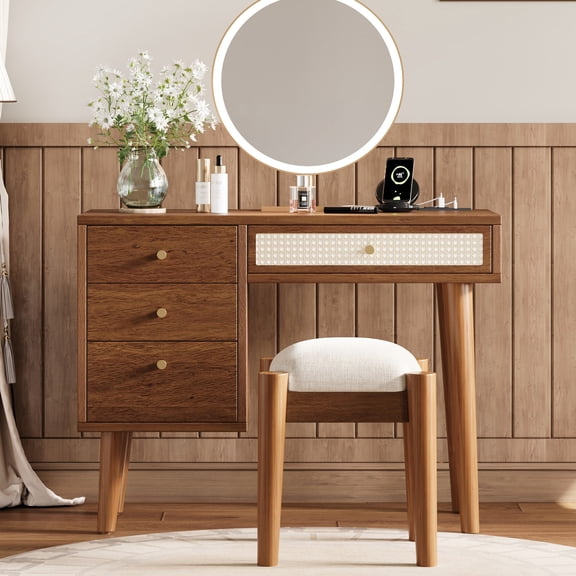 Walnut Wood Makeup Set with Large Storage Drawers / Comfortable Stool in Bedroom