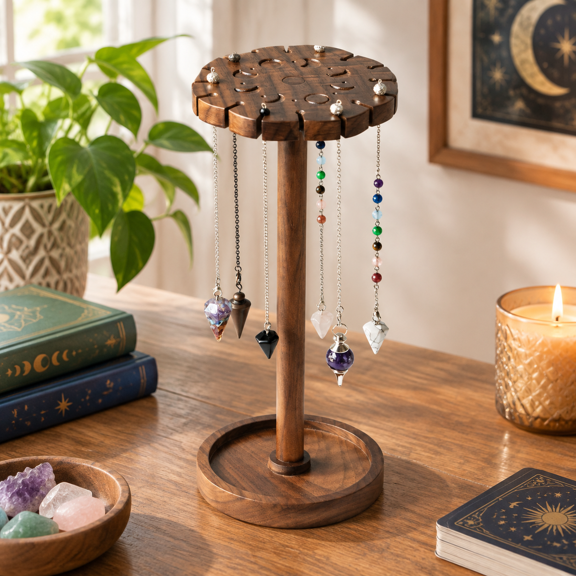Walnut Wood Moon Phase Pendulum Display Stand Holds Up To 16 Pendulums