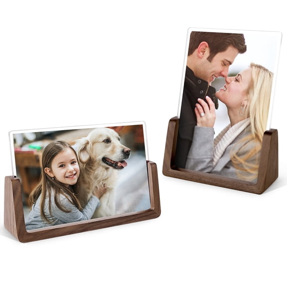 Walnut Wood Picture Frame 2 Pack, 6x8 Inch Horizontal and Vertical Tabletop Photo Frames with Shatterproof Acrylic Glass, Rustic Display for Home Office Desk, Brown