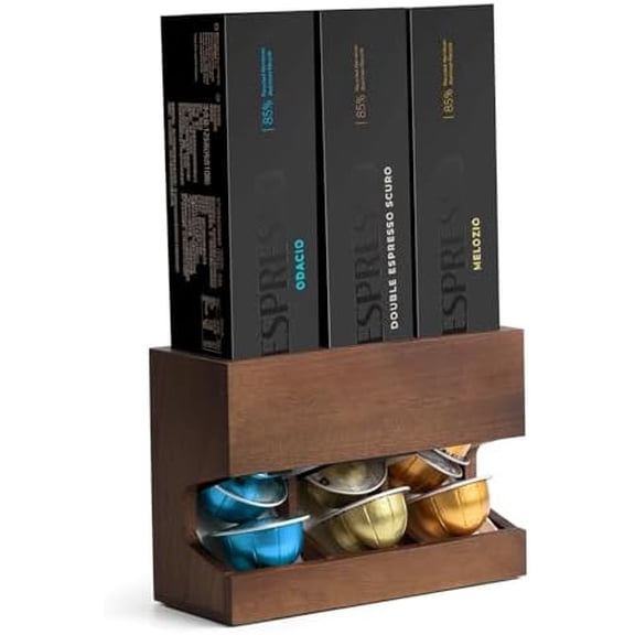 Walnut Wood Pod Dispenser Designed for Nespresso Vertuo Capsules, Freestanding Countertop Pods Rack, Coffee Pods Holder for Home or Office Kitchen Counter, Dispenses 3 Coffee Flavors