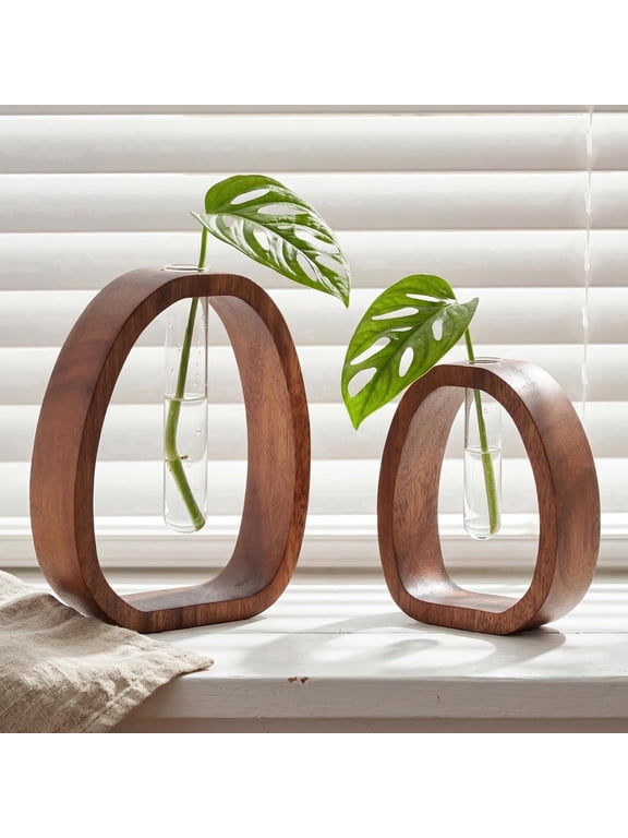 Walnut Wood Plant Propagation Stand with 2 Removable Glass Tubes, Farmhouse Tabletop Hydroponic Vase Set