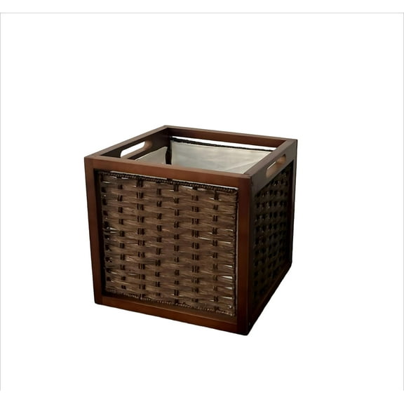 Walnut Wood & Rattan Storage Cube, Vintage Wooden Storage Basket, Multi-Functional Organizer Box for Home Decor & Clutter Solution