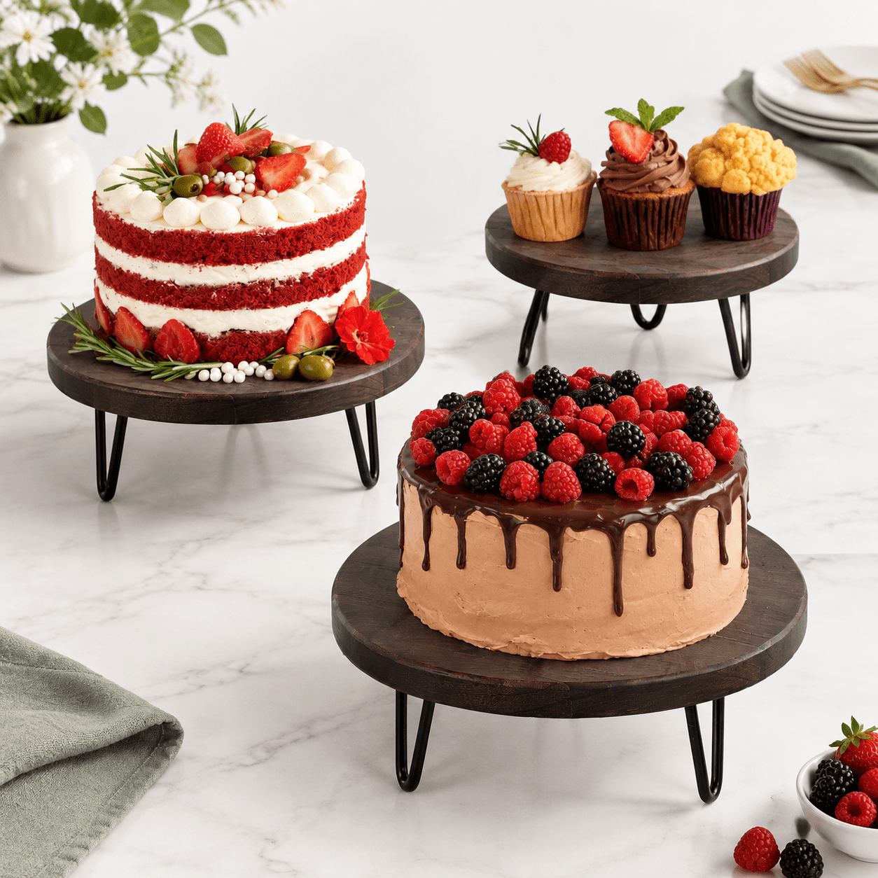 Cc Riser Walnut Wood Round 3-Piece Nesting Buffet Risers Dessert Table Display ...