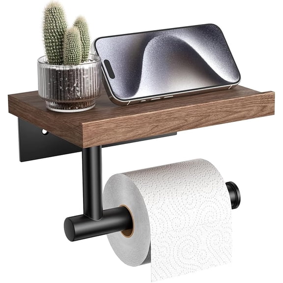 Walnut Wood Shelf Toilet Paper Holder | Hot Deal - Matte Black Stainless Steel Wall Mount for Bathroom/Apartment Restroom Essentials