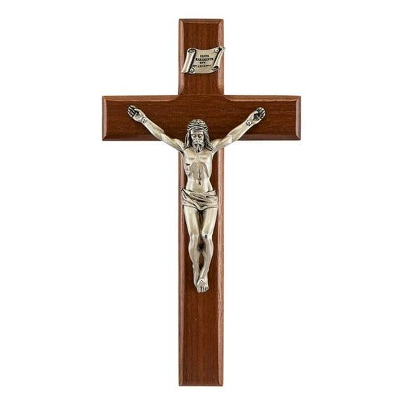Walnut Wood Shroud of Turin Crucifix with Pewter Christ Corpus, 8 Inch